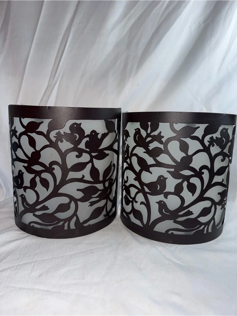 Set of 2 Bird & Branch Metal Wall Candle Sconces with Frosted Glass